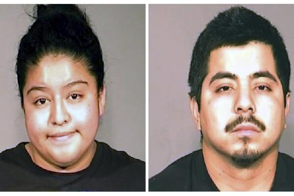 This combination of photos provided by the Fresno Police Department shows 22-year-old Yarelly Solorio-Rivera, left, and her boyfriend 26-year-old Martin Arroyo-Morales. Authorities say the couple were charged Monday, Nov. 14, 2022, with the murder of Solorio-Rivera's 18-year-old sister and 3-week-old niece, who were shot to death in their Fresno home in September out of jealousy and sibling rivalry. (Fresno Police Department via AP)