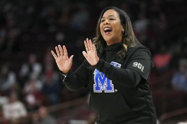 FILE- Memphis head coach Katrina Merriweather communicates with players during the first half of an NCAA college basketball game against South Carolina Saturday, Dec. 3, 2022, in Columbia, S.C. Cincinnati hired former Memphis coach Katrina Merriweather as its new women's basketball coach Saturday, March 25, 2023. Merriweather resigned as Memphis' coach on Friday, a day after the team was knocked out of the WNIT tournament. (AP Photo/Sean Rayford, File)