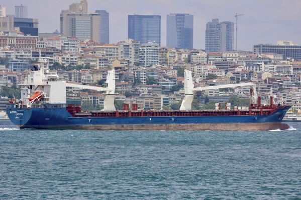 The cargo ship Laodicea sails through the Bosphorus Strait in Istanbul, Turkey, on July 7, 2022. An Associated Press investigation shows the ship, owned by the Syrian government, is part of an extensive Russian-run smuggling operation that has been hauling stolen Ukrainian grain from ports in occupied Crimea to customers in the Middle East. (AP Photo/Yoruk Isik)