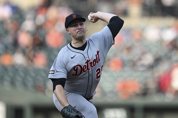 Detroit Tigers pitcher Tarik Skubal throws during the first inning of a baseball game against the Baltimore Orioles in Baltimore, Thursday, June 12, 2025. (AP Photo/Terrance Williams)