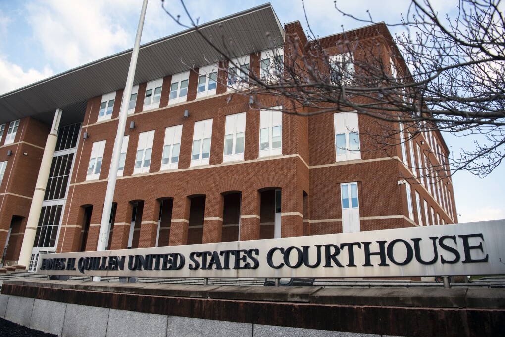The James H. Quillen United States Courthouse is shown in Greeneville, Tenn. Tuesday, Feb. 13, 2024. A judge on Tuesday kept in place for now the NCAA's rules prohibiting name, image and likeness compensation from being used as a recruiting inducement, denying a request for a temporary restraining order by the states of Tennessee and Virginia. (Brianna Paciorka/Knoxville News Sentinel via AP)