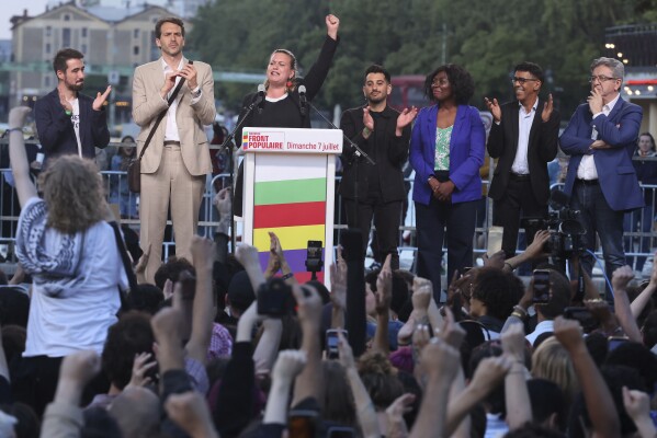 Far-left La France Insoumise - LFI - (France Unbowed) founder Jean-Luc Melenchon, correct, and other celebration executives applaud Mathilde Panot, middle, clenching her fist, after the 2nd spherical of the legislative elections Sunday, July 7, 2024 in Paris. (AP Photo/Thomas Padilla)