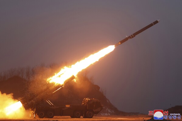 This photo provided by the North Korean government, shows what it says a test firing of a cruise missile, Hwasal-2 in North Korea Tuesday, Jan. 30, 2024. Independent journalists were not given access to cover the event depicted in this image distributed by the North Korean government. The content of this image is as provided and cannot be independently verified. Korean language watermark on image as provided by source reads: 