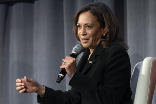 Vice President Kamala Harris speaks at the DNC Women's Leadership Forum, Friday, Sept. 30, 2022, at The Mayflower Hotel, in Washington. Harris spoke about distributing equitable resources to help with the effects of climate change. She did not say that Hurricane Ian relief will be distributed based on race, as some claimed online. (AP Photo/Jacquelyn Martin)