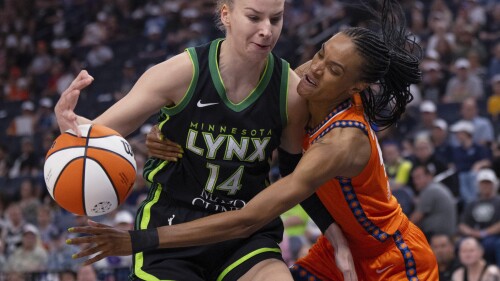 Connecticut Sun forward DeWanna Bonner, right, fouls Minnesota Lynx forward Dorka Juhasz during the first quarter of a WNBA basketball game Thursday, June 22, 2023, in Minneapolis. (Jeff Wheeler/Star Tribune via AP)