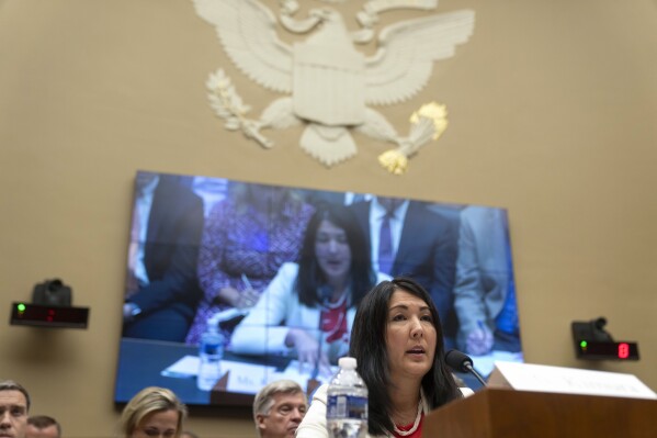 Shelee Kimura, President and Chief Executive Officer of Hawaiian Electric, appears before the House Committee on Energy and Commerce on Capitol Hill, Thursday, Sept. 28, 2023, in Washington. (AP Photo/Mark Schiefelbein)