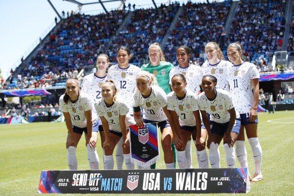 United States team poses for a team photo before a FIFA Women's World Cup send-off soccer match against Wales in San Jose, Calif., Sunday, July 9, 2023. (AP Photo/Josie Lepe)