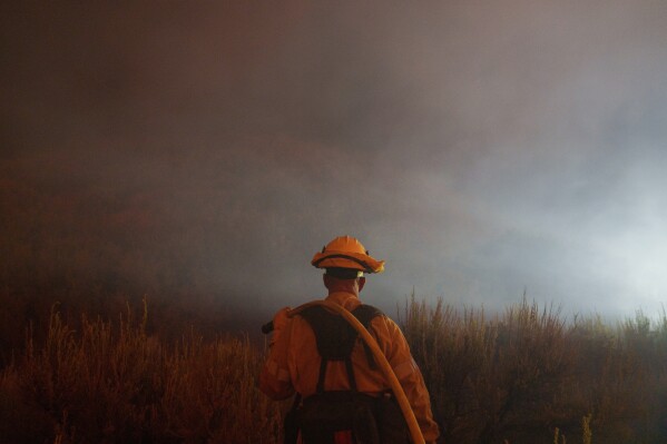 Un bombero observa las llamas de un incendio activo en Gorman, California, el 16 de junio de 2024. (AP Foto/Eric Thayer)
