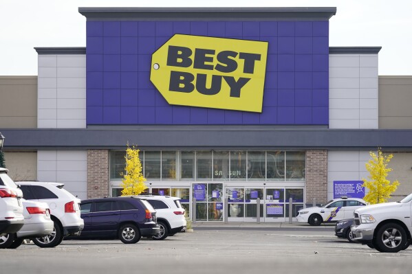 FILE - Best Buy in Philadelphia, Wednesday, Nov. 17, 2021. Best Buy reported another quarterly drop in sales as the nation's largest consumer electronics chain wrestles with cautious spending by Americans as they prioritize essential purchases and pay more for things like rent. (AP Photo/Matt Rourke, File)