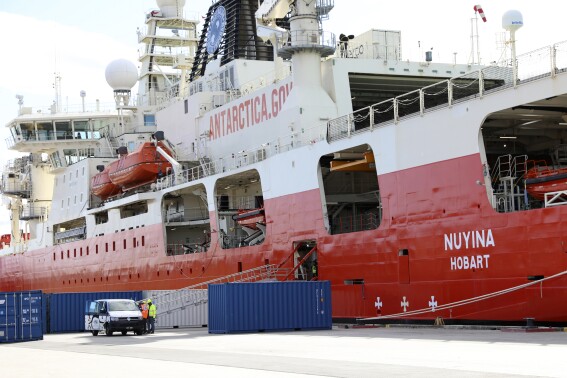 In this photo provided by the Australian Antarctic Division the icebreaker RSV Nuyina is tied ups at a port in Hobart, Australia, Sunday, Sept. 10, 2023. The icebreaker has made a round trip between the Australian Antarctic Division headquarters in Hobart and Australia's Casey Station and covered more than 6,500 kilometers (4,000 miles) to rescue an ill expeditioner. (Australian Antarctic Division via AP)