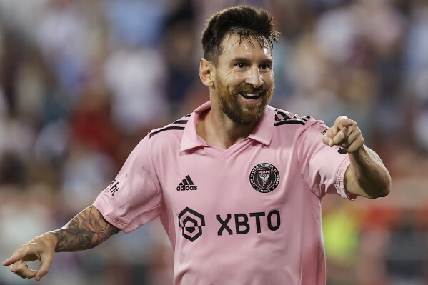 Inter Miami forward Lionel Messi celebrates after his goal against the New York Red Bulls during an MLS soccer match at Red Bull Arena, Saturday, Aug. 26, 2023, in Harrison, N.J. (AP Photo/Eduardo Munoz Alvarez)