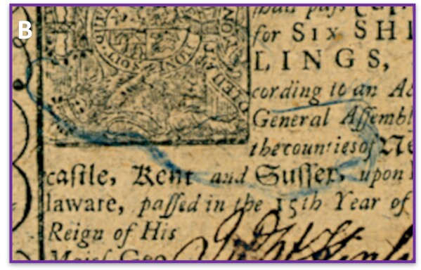 In this image provided by Proceedings of the National Academy of Sciences, blue threads can be seen in a six shillings Delaware note printed by J. Adams on January 1, 1776. Counterfeiters found it difficult to duplicate the note. (Proceedings of the National Academy of Sciences via AP)