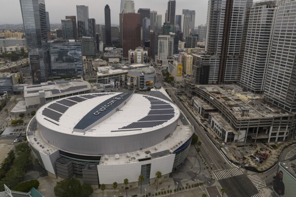This aerial view shows Crypto.com Arena in downtown Los Angeles, Tuesday, Sept. 5, 2023. (AP Photo/Jae C. Hong)