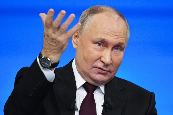 Russian President Vladimir Putin speaks during his annual news conference, Thursday, Dec. 14, 2023, in Moscow, Russia.  (AP Photo/Alexander Zemlianichenko, Poole)