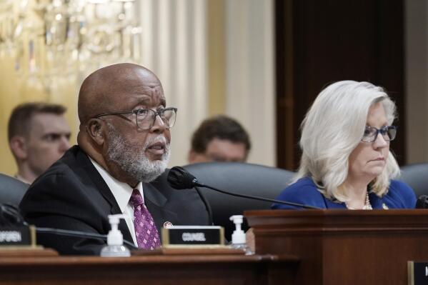 Chairman Bennie Thompson, D-Miss., speaks as the House select committee investigating the Jan. 6 attack on the U.S. Capitol holds a hearing, on Capitol Hill in Washington, Thursday, Oct. 13, 2022, as Vice Chair Liz Cheney, R-Wyo., look on. (AP Photo/J. Scott Applewhite)