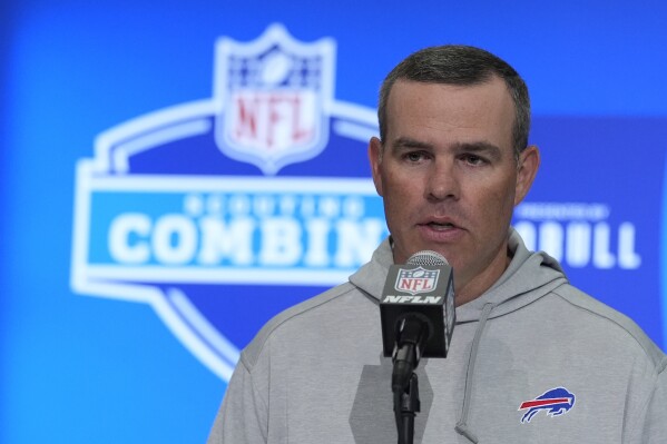 FILE - Buffalo Bills general manager Brandon Beane speaks during a news conference at the NFL football scouting combine in Indianapolis, Feb. 27, 2024. With Stefon Diggs dealt to the Houston Texans, the Bills are expected to be targeting a receiver high in the draft. Just do not ask Beane, who would prefer to keep everyone guessing. (AP Photo/Michael Conroy, File)