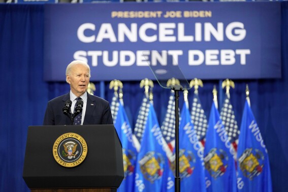 President Joe Biden speaks at an event about canceling student debt, at the Madison Area Technical College Truax campus on Monday, April 8, 2024, in Madison, Wis. (AP Photo/Kayla Wolf)