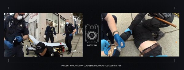 In this composite image from Richmond Police Department body-camera video, police restrain Ivan Gutzalenko in Richmond, Calif., on March 10, 2021. (Richmond Police Department via AP)