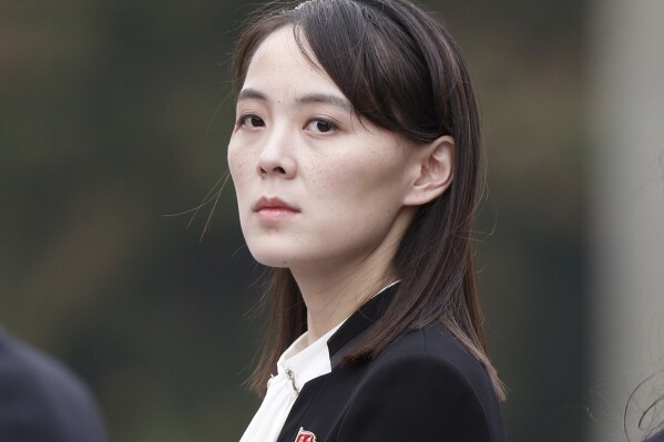 FILE - Kim Yo Jong, sister of North Korea's leader Kim Jong Un, attends a wreath-laying ceremony at Ho Chi Minh Mausoleum in Hanoi, Vietnam, March 2, 2019. The powerful sister of North Korean leader Kim Jong Un has derided South Korea’s conservative president for being “foolishly brave” but called his liberal predecessor “smart" — rhetoric likely meant to help stoke domestic divisions in South Korea. Her statement Tuesday, Jan. 2, 2024, came as a response to South Korean President Yoon Suk Yeol’s New Year’s Day address, in which he said he would bolster South Korea’s military capability and enhance its alliance with the U.S. to cope with North Korea’s evolving nuclear threats. (Jorge Silva/Pool Photo via AP, File)