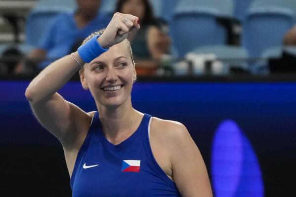 Petra Kvitova of the Czech Republic celebrates after defeating Germany's Laura Siegemund in their Group C match at the United Cup tennis event in Sydney, Australia, Sunday, Jan. 1, 2023. (AP Photo/Mark Baker)