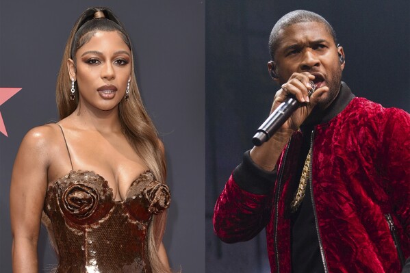 这组照片显示，维多利亚·莫奈（Victoria Monet）于2022年6月26日（左图）在洛杉矶BET Awards颁奖典礼上，Usher于2016年10月27日在纽约巴克莱中心的Power 105.1 2016 Powerhouse演出。（美联社照片）