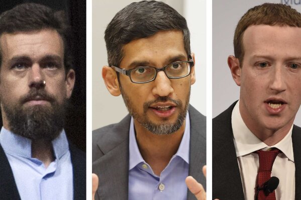 This combination of photos shows from left, Twitter CEO Jack Dorsey, Google CEO Sundar Pichai, and Facebook CEO Mark Zuckerberg. After an angry mob of President Donald Trump supporters took control of the U.S. Capitol in a violent insurrection, Selena Gomez laid much of the blame at the feet of Big Tech. It’s the latest effort by the 28-year-old actress-singer to draw attention to the danger of internet companies critics say have profited from misinformation and hate on their platforms.(AP Photo/Jose Luis Magana, LM Otero, Jens Meyer)
