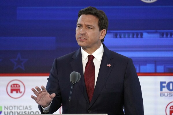Florida Gov. Ron DeSantis speaks during a Republican presidential primary debate hosted by FOX Business Network and Univision, Wednesday, Sept. 27, 2023, at the Ronald Reagan Presidential Library in Simi Valley, Calif. (AP Photo/Mark J. Terrill)