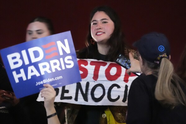 A protester interrupts President Joe Biden during an event in Manassas, Va., Jan. 23, 2024. (AP Photo/Alex Brandon, File)