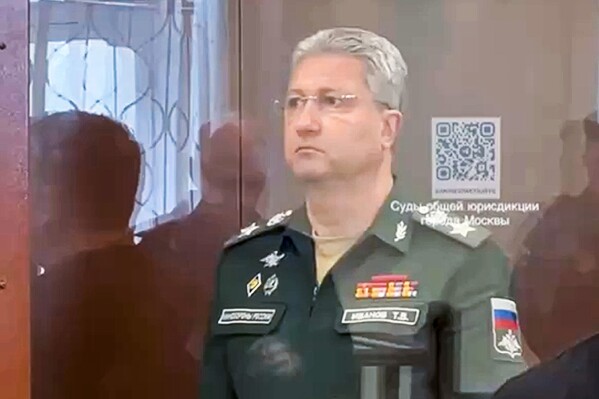 FILE - This photo taken and released by Basmanny District Court press service on Wednesday, April 24, 2024, shows Deputy Defense Minister Timur Ivanov standing in a defendants' cage in court in Moscow, Russia. Ivanov was arrested on suspicion of accepting a bribe. (Basmanny District Court press service via AP, File)