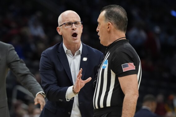 UConn head coach Dan Hurley argues with an official during the first half of the Sweet 16 college basketball game against San Diego State in the men's NCAA Tournament, Thursday, March 28, 2024, in Boston. (AP Photo/Michael Dwyer)