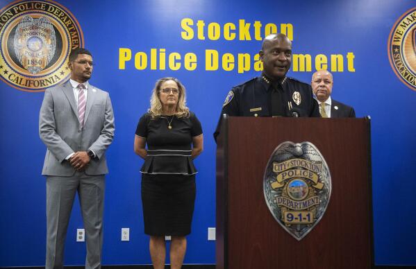 Stockton Police Chief Stanley McFadden speaks during a news conference at the Stockton Police Department headquarters about the arrest of suspect Wesley Brownlee in a series of killings in Stockton, Calif., Saturday, Oct. 15, 2022. Pictured behind McFadden are Stockton Mayor Kevin Lincoln, left, San Joaquin County District Attorney Tori Veber Salazar and Stockton city manager Harry Black. (Clifford Oto/The Record via AP)