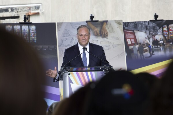 Second gentleman Doug Emhoff gives remarks during the groundbreaking ceremony for the new Tree of Life complex in Pittsburgh, Sunday, June 23, 2024. The new structure is replacing the Tree of Life synagogue where 11 worshipers were murdered in 2018 in the deadliest act of antisemitism in U.S. history. (AP Photo/Rebecca Droke)