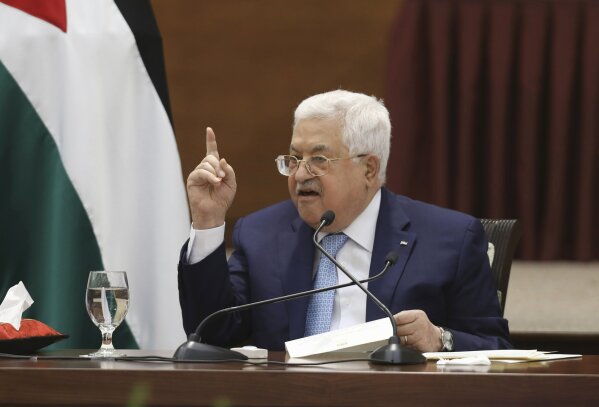 Palestinian President Mahmoud Abbas heads a leadership meeting at his headquarters in the West Bank city of Ramallah on Tuesday, May 19, 2020. (Alaa Badarneh/Pool Photo via AP)
