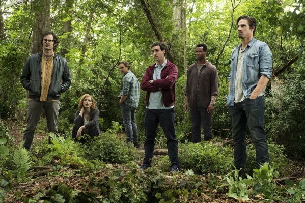 This image released by Warner Bros. Pictures shows, from left, Bill Hader, Jessica Chastain, James McAvoy, James Ransone, Isaiah Mustafa and Jay Ryan in New Line Cinema’s horror thriller "It: Chapter 2." (Brooke Palmer/Warner Bros. Pictures via AP)