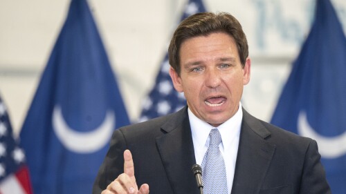 Florida Governor and Republican presidential candidate Ron DeSantis speaks during a press conference at the Celebrate Freedom Foundation Hangar in West Columbia, S.C. July 18, 2023. For DeSantis, Tuesday was supposed to mark a major moment to help reset his stagnant Republican presidential campaign. But yet again, the moment was overshadowed by Donald Trump. The former president was the overwhelming focus for much of the day as DeSantis spoke out at a press conference and sat for a highly anticipated interview designed to reassure anxious donors and primary voters that he's still well-positioned to defeat Trump.(AP Photo/Sean Rayford)