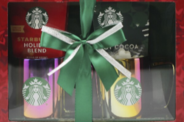 This photo provided by Consumer Product Safety Commission shows Metallic Mugs included in 2023 Holiday Starbucks-branded Gift Sets. The U.S. Consumer Product Safety Commission said Thursday, March 21, 2024, that the mugs, when microwaved or filled with extremely hot liquid, can overheat or break, posing burn and laceration hazards. The containers, manufactured by Nestle, were sold at both in store and online at Target and Walmart and through Nexcom, military retail outlets, nationwide from November 2023 through January. (Consumer Product Safety Commission via AP)