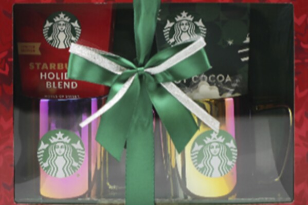 This photo provided by Consumer Product Safety Commission shows Metallic Mugs included in 2023 Holiday Starbucks-branded Gift Sets. The U.S. Consumer Product Safety Commission said Thursday, March 21, 2024, that the mugs, when microwaved or filled with extremely hot liquid, can overheat or break, posing burn and laceration hazards. The containers, manufactured by Nestle, were sold at both in store and online at Target and Walmart and through Nexcom, military retail outlets, nationwide from November 2023 through January. (Consumer Product Safety Commission via AP)