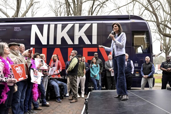 Republican presidential candidate former UN Ambassador Nikki Haley speaks at a campaign event in Newberry, S.C., Saturday, Feb. 10, 2024. (AP Photo/Matt Kelley)