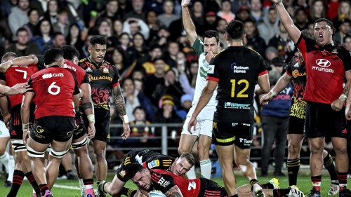 Referee Ben O'Keeffe signals a try for Codie Taylor of the Crusaders during the Super Rugby Pacific final between the Chiefs and the Crusaders in Hamilton, New Zealand, Saturday, June 24, 2023. (Andrew Cornaga/Photosport via AP)