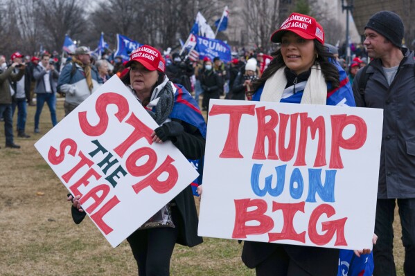 FILE - Supporters of President Donald Trump gather for a rally on Jan. 6, 2021, at the Ellipse near the White House in Washington. Trump is making the Jan. 6, 2021 attack on the Capitol a cornerstone of his bid to return to the White House. Trump opened his first rally as the presumed Republican Party presidential nominee standing in salute with a recorded chorus of Jan. 6 prisoners singing the national anthem. (AP Photo/Jose Luis Magana, File)