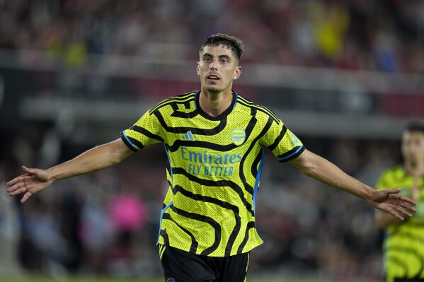 Arsenal midfielder Kai Havertz reacts after scoring a goal in the second half of the MLS All-Star soccer match against the MLS All-Stars, Wednesday, July 19, 2023, in Washington. (AP Photo/Alex Brandon)