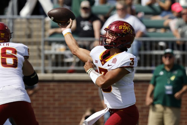 Iowa State quarterback Rocco Becht throws a pass against Ohio during an NCAA college football game, Saturday, Sept. 16, 2023, in Athens, Ohio. (AP Photo/Paul Vernon)