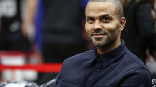 FILE - San Antonio Spurs guard Tony Parker smiles before an NBA basketball game against the Chicago Bulls, Oct. 21, 2017, in Chicago. The four-time NBA champion told The Associated Press on Friday, June 23, 2023, he sees a bright future at his former team for fellow Frenchman Victor Wembanyama. (AP Photo/Kamil Krzaczynski, File)