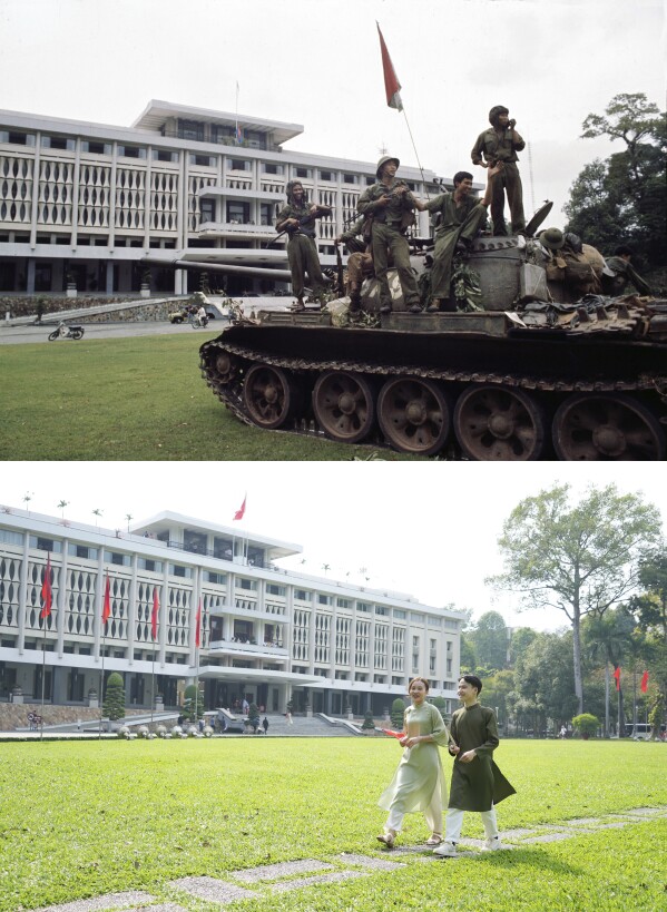 This combination of photos shows victorious North Vietnamese troops aboard a tank outside Independence Palace in Saigon, April 30, 1975, the day the South Vietnamese government surrendered, ending the Vietnam War, top, and the same location in Ho Chi Minh city, Vietnam on Feb. 20, 2025. (AP Photo/Yves Billy, Hau Dinh)