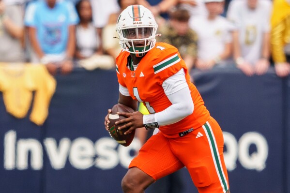 Miami quarterback Cam Ward (1) looks for an open receiver during the first half of an NCAA college football game against Georgia Tech, Saturday, Nov. 9, 2024, in Atlanta. (AP Photo/Jason Allen, File)