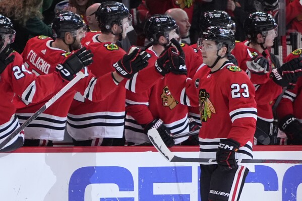 Chicago Blackhawks center Philipp Kurashev (23) celebrates with teammates after scoring a goal during the second period of an NHL hockey game against the San Jose Sharks in Chicago, Sunday, March 17, 2024. (AP Photo/Nam Y. Huh)