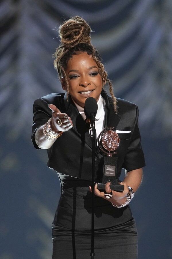 Kara Young accepts the award for best performance by an actress in a featured role in a play for "Purpose" during the 78th Tony Awards on Sunday, June 8, 2025, at Radio City Music Hall in New York. (Photo by Charles Sykes/Invision/AP)