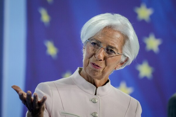 FILE - President of European Central Bank Christine Lagarde speaks at the press conference in Frankfurt, Germany, Thursday, Sept. 14, 2023. The European Central Bank kept its key interest rate at a record high Thursday, Dec. 14, 2023, and said it will leave it there as long as needed to battle back inflation, signaling that cuts are not around the corner despite expectations it will act next year to support the shrinking economy. (AP Photo/Michael Probst, File)