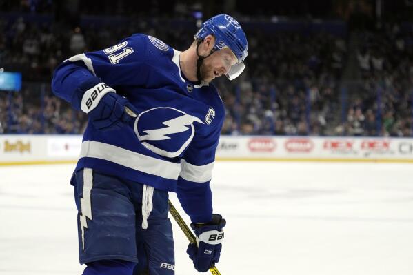 Tampa Bay Lightning center Steven Stamkos (91) celebrates his goal against the Arizona Coyotes during the second period of an NHL hockey game Saturday, Dec. 31, 2022, in Tampa, Fla. (AP Photo/Chris O'Meara)