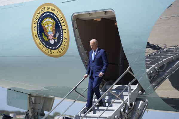 President Joe Biden arrives at Milwaukee Mitchell International Airport, Wednesday, May 8, 2024, in Milwaukee. (AP Photo/Evan Vucci)